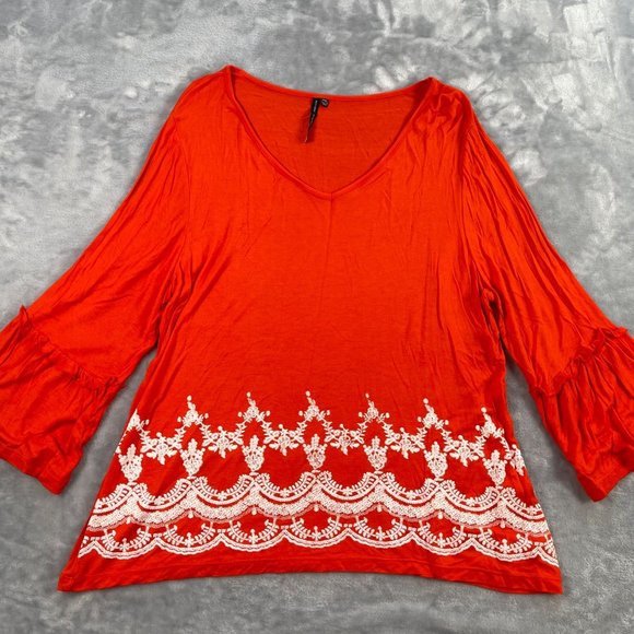 Nine Four One Top PXL Bright Orange Embroidery Rayon Knit Bell Sleeve - Picture 1 of 15